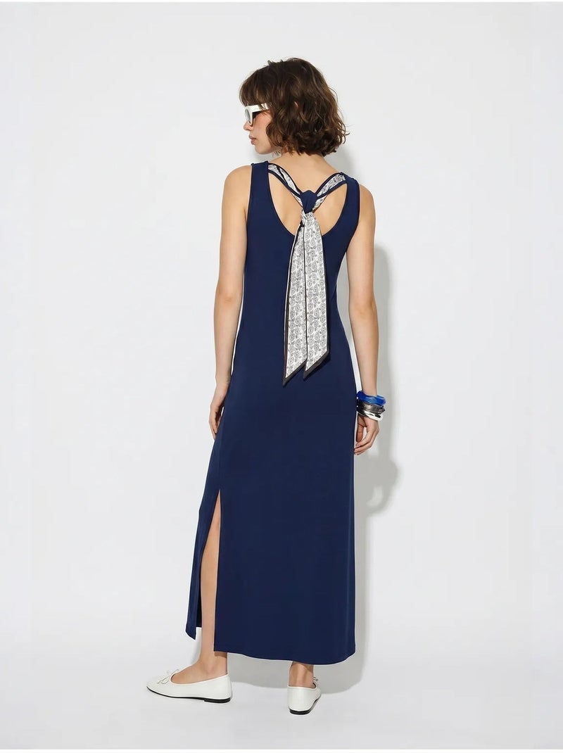 Abito maxi dritto senza maniche con spacco lucci Blu marino - Kiabi