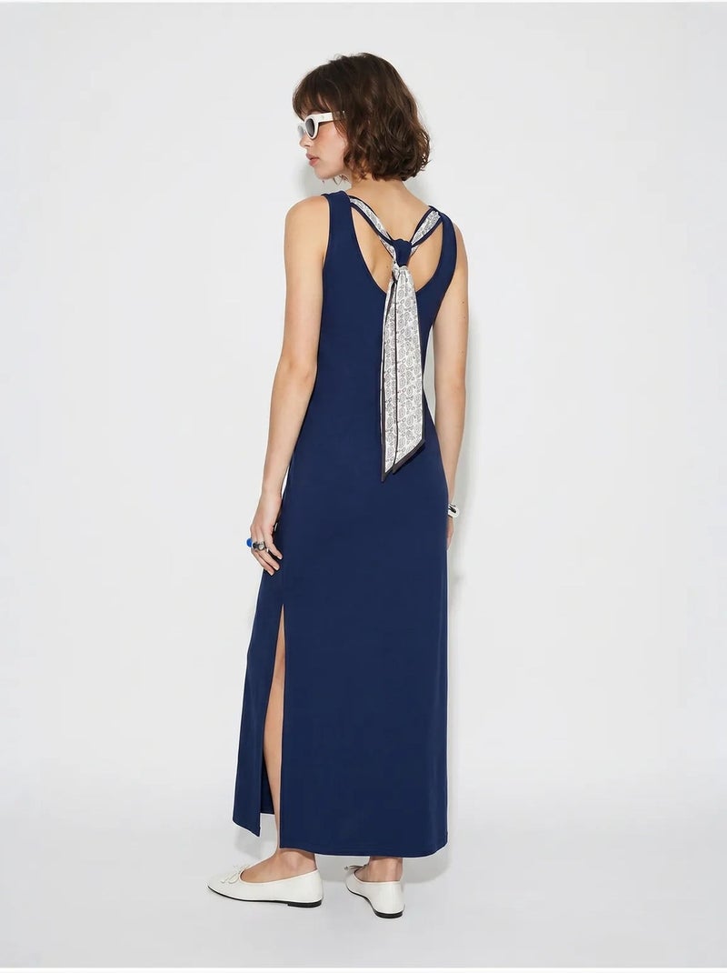 Abito maxi dritto senza maniche con spacco lucci Blu marino - Kiabi