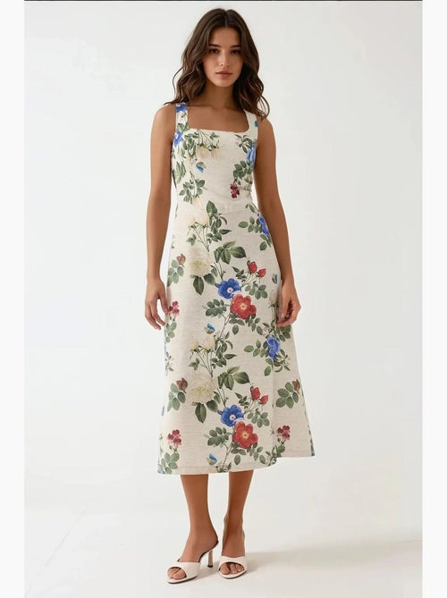 Abito maxi effetto lino con stampa floreale allover e dettaglio elastico sul retro hiccup - Kiabi Abito maxi effetto lino con stampa floreale allover e dettaglio elastico sul retro hiccup - Kiabi