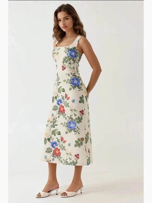 Abito maxi effetto lino con stampa floreale allover e dettaglio elastico sul retro hiccup - Kiabi Abito maxi effetto lino con stampa floreale allover e dettaglio elastico sul retro hiccup - Kiabi