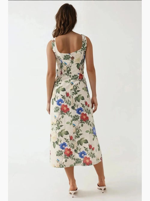 Abito maxi effetto lino con stampa floreale allover e dettaglio elastico sul retro hiccup - Kiabi Abito maxi effetto lino con stampa floreale allover e dettaglio elastico sul retro hiccup - Kiabi