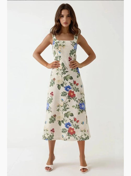 Abito maxi effetto lino con stampa floreale allover e dettaglio elastico sul retro hiccup - Kiabi Abito maxi effetto lino con stampa floreale allover e dettaglio elastico sul retro hiccup - Kiabi