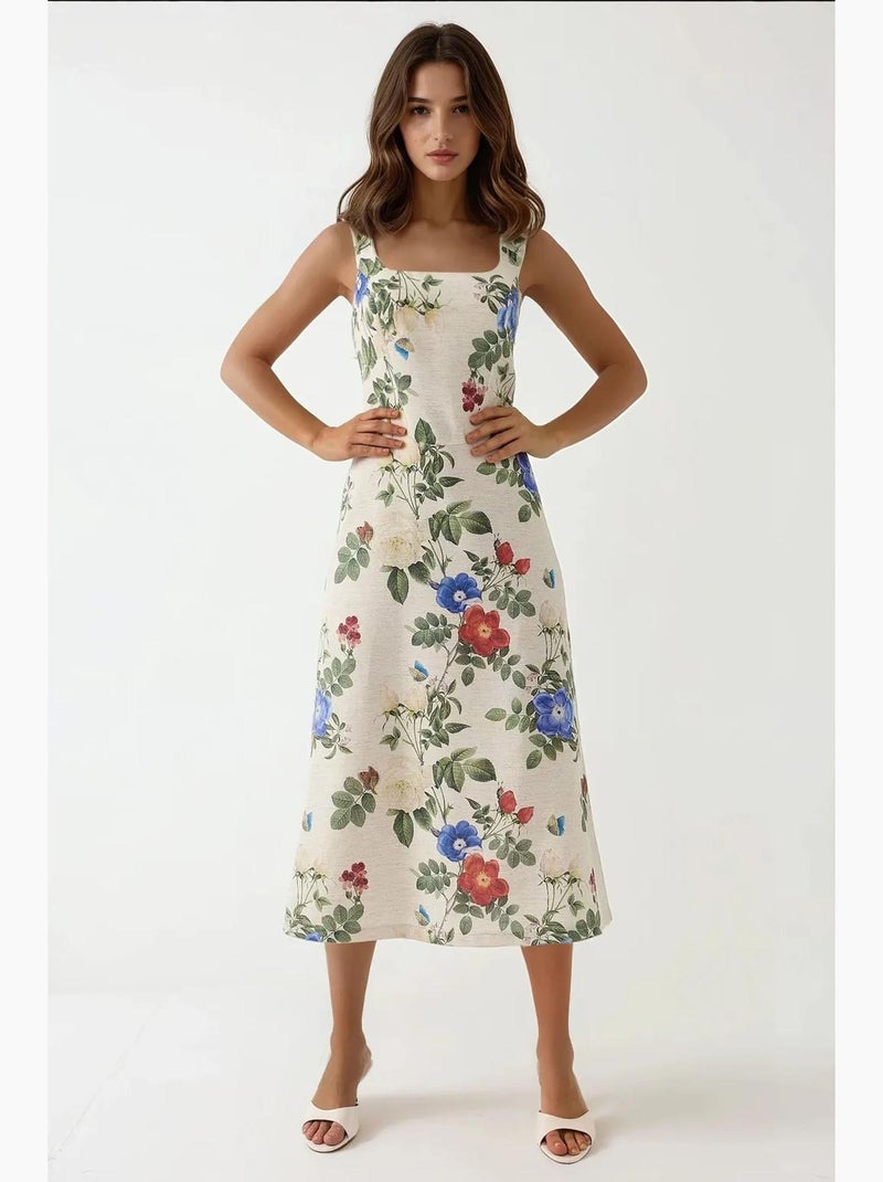 Abito maxi effetto lino con stampa floreale allover e dettaglio elastico sul retro hiccup Crema - Kiabi
