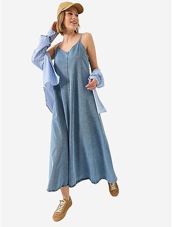 Abito maxi in denim con scollo a v e chiusura con bottoni lucci