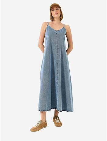 Abito maxi in denim con scollo a v e chiusura con bottoni lucci