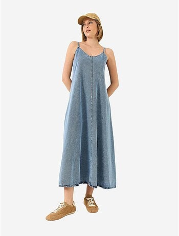 Abito maxi in denim con scollo a v e chiusura con bottoni lucci