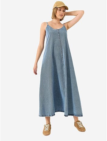 Abito maxi in denim con scollo a v e chiusura con bottoni lucci
