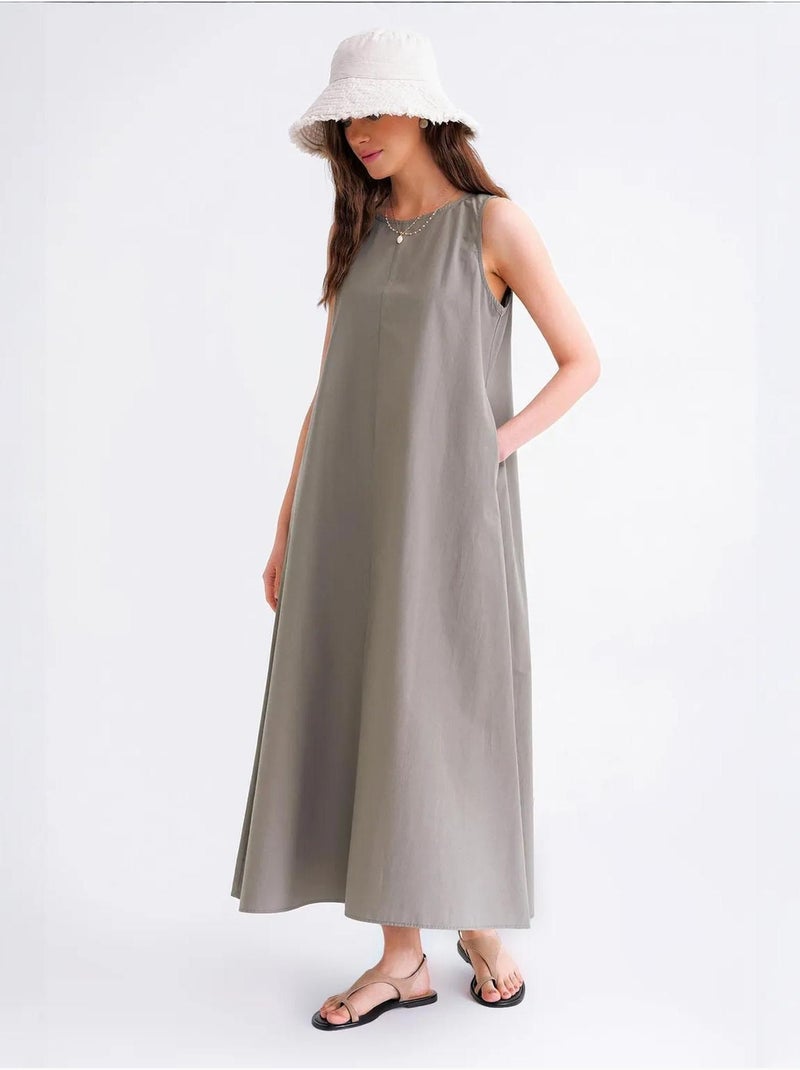 Abito maxi in popeline con tasche mixray Cachi - Kiabi