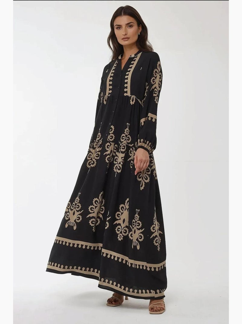 Abito maxi in viscosa stampata a maniche lunghe hiccup Nero - Kiabi