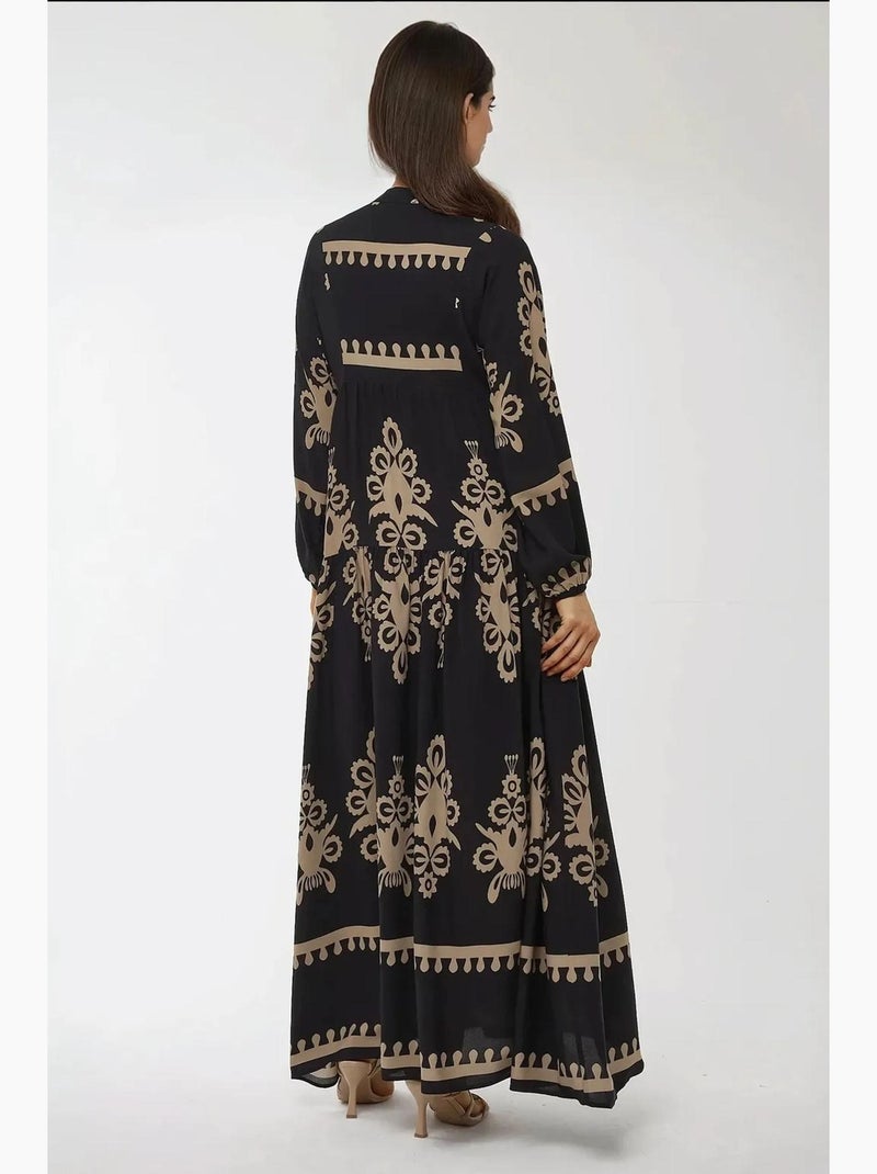 Abito maxi in viscosa stampata a maniche lunghe hiccup Nero - Kiabi