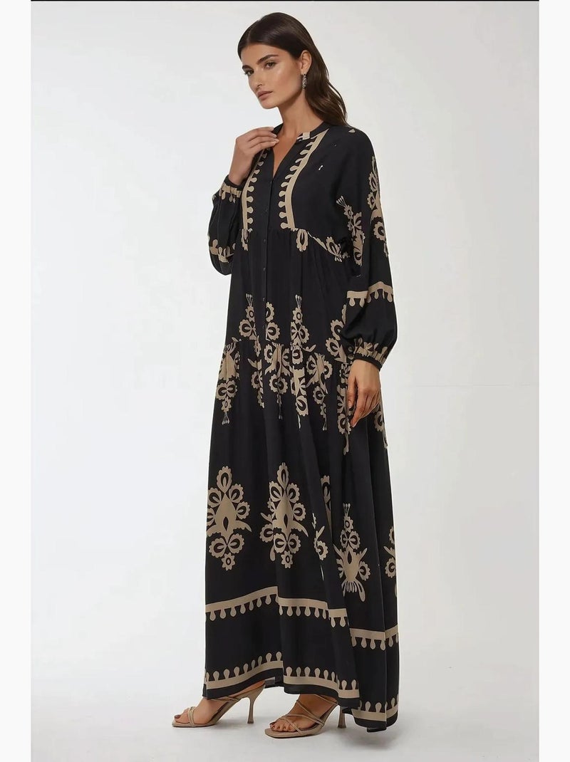 Abito maxi in viscosa stampata a maniche lunghe hiccup Nero - Kiabi