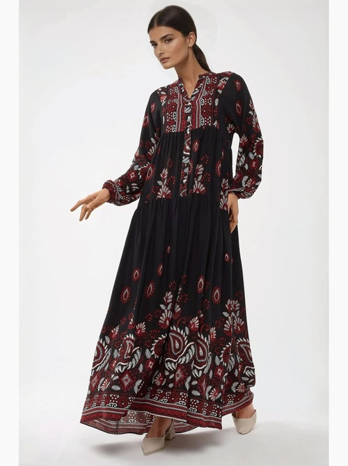 Abito maxi in viscosa stampata a maniche lunghe hiccup - Kiabi Abito maxi in viscosa stampata a maniche lunghe hiccup - Kiabi