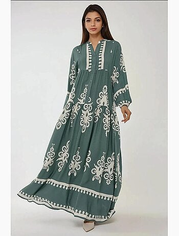 Abito maxi in viscosa stampata a maniche lunghe hiccup