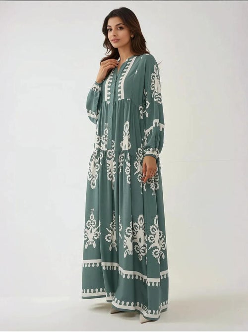 Abito maxi in viscosa stampata a maniche lunghe hiccup - Kiabi Abito maxi in viscosa stampata a maniche lunghe hiccup - Kiabi