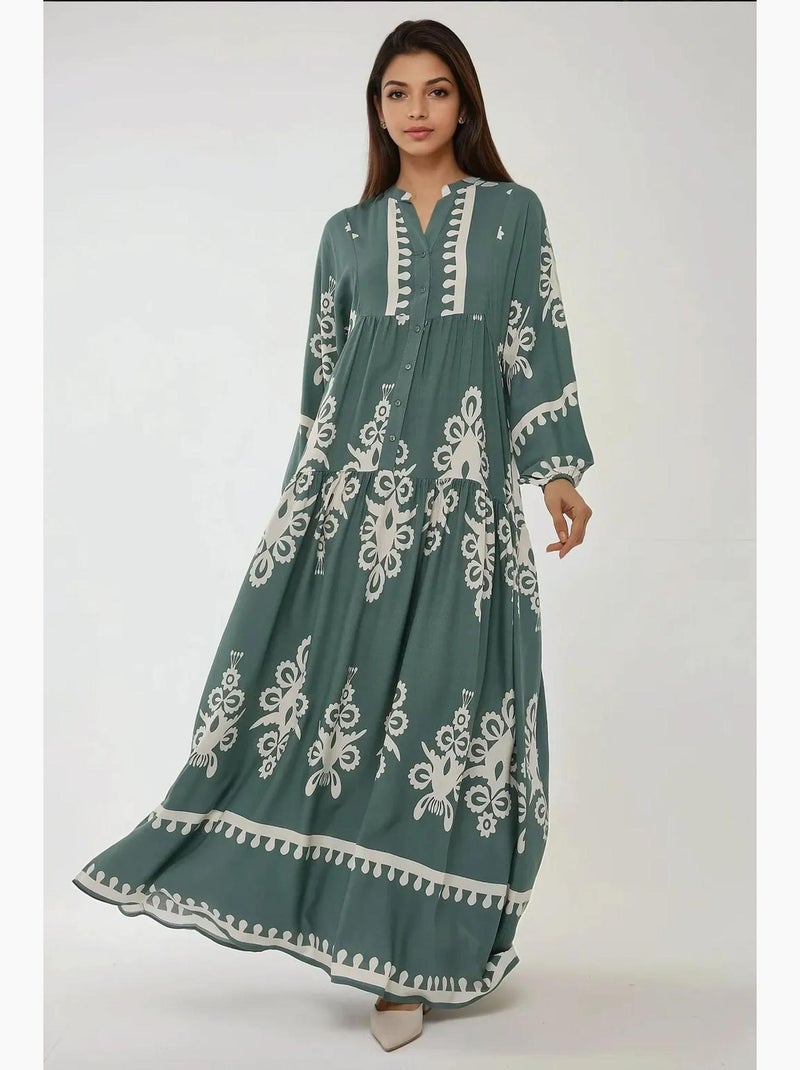 Abito maxi in viscosa stampata a maniche lunghe hiccup Verde pastello - Kiabi