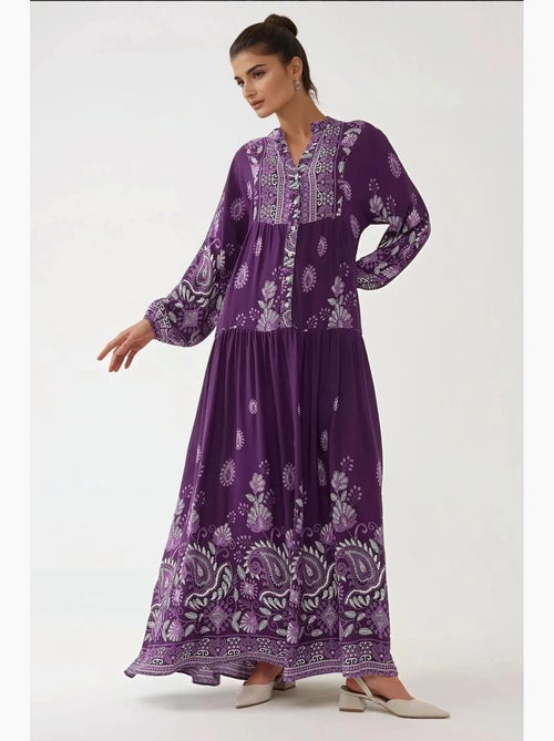 Abito maxi in viscosa stampata a maniche lunghe hiccup - Kiabi Abito maxi in viscosa stampata a maniche lunghe hiccup - Kiabi