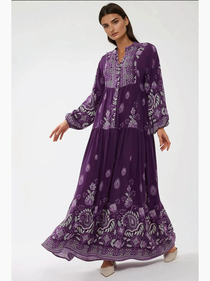 Abito maxi in viscosa stampata a maniche lunghe hiccup Viola - Kiabi