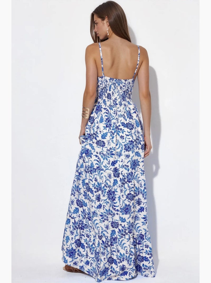 Abito maxi plissettato in raso floreale busem Bianco Blu - Kiabi