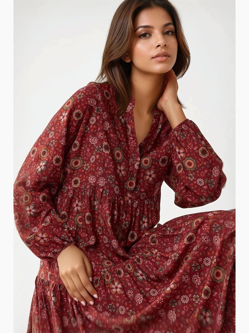 Abito maxi stampato con scollo a v e bottoni hiccup Rosso - Kiabi