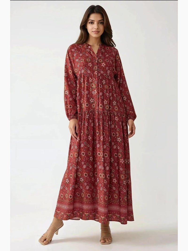 Abito maxi stampato con scollo a v e bottoni hiccup Rosso - Kiabi