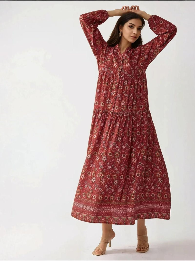 Abito maxi stampato con scollo a v e bottoni hiccup Rosso - Kiabi