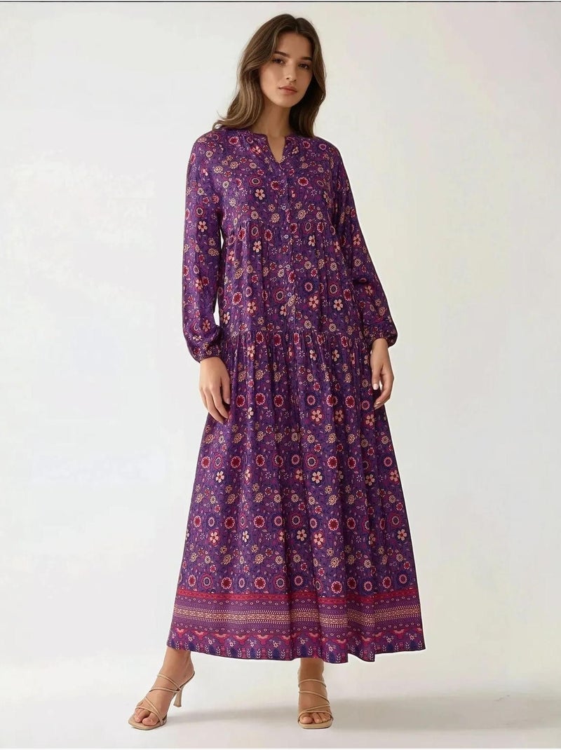 Abito maxi stampato con scollo a v e bottoni hiccup Viola - Kiabi