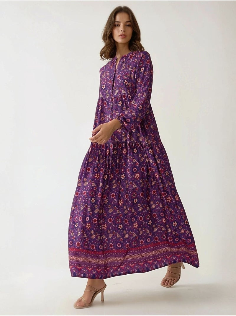 Abito maxi stampato con scollo a v e bottoni hiccup Viola - Kiabi