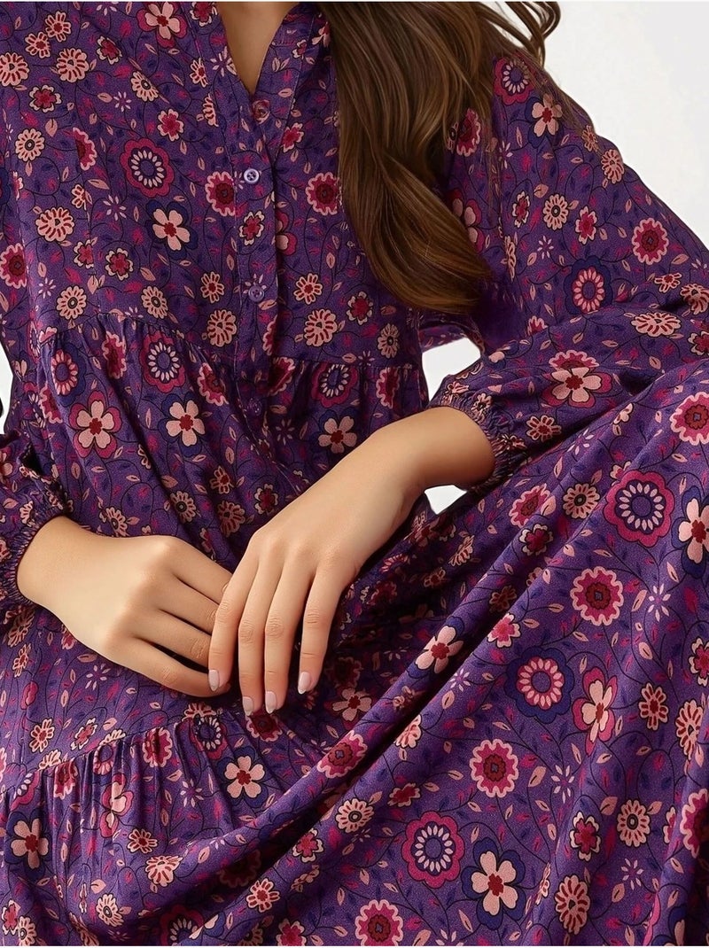 Abito maxi stampato con scollo a v e bottoni hiccup Viola - Kiabi