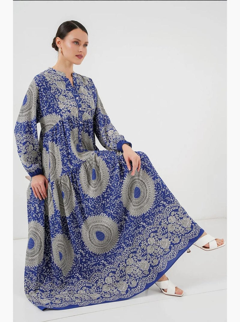 Abito maxi stampato con scollo a v e chiusura con bottoni bdart Blu cobalto - Kiabi