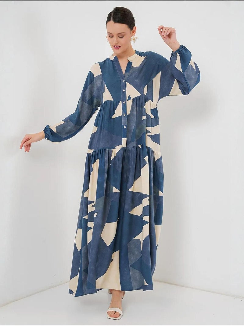 Abito maxi stampato con scollo a v e chiusura con bottoni bdart Blu elettrico - Kiabi