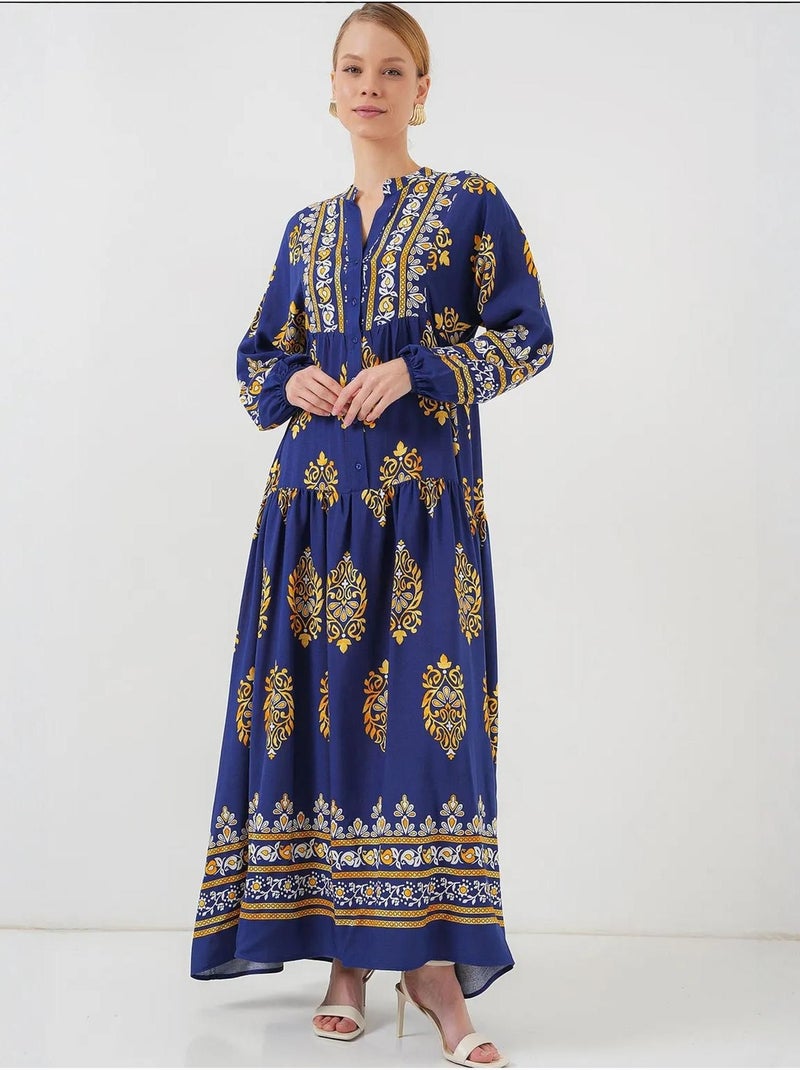 Abito maxi stampato con scollo a v e chiusura con bottoni bdart Blu oltremare - Kiabi