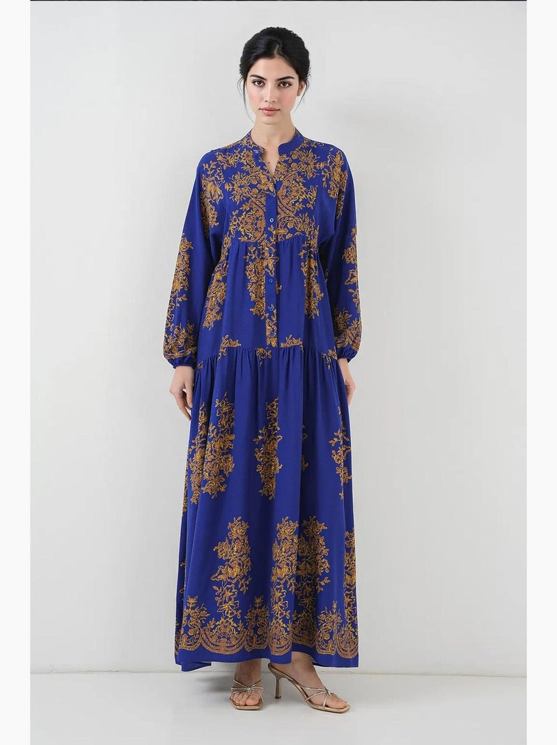 Abito maxi stampato con scollo a v e chiusura con bottoni bdart Blu zaffiro - Kiabi