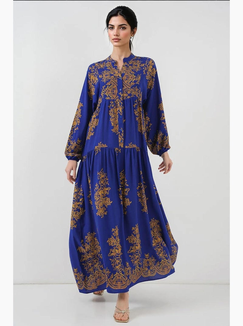 Abito maxi stampato con scollo a v e chiusura con bottoni bdart Blu zaffiro - Kiabi