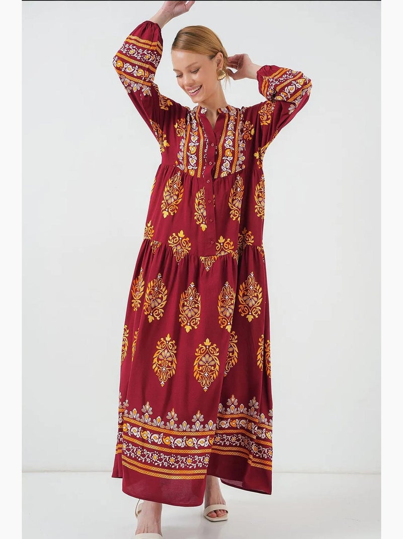 Abito maxi stampato con scollo a v e chiusura con bottoni bdart Bordeaux - Kiabi
