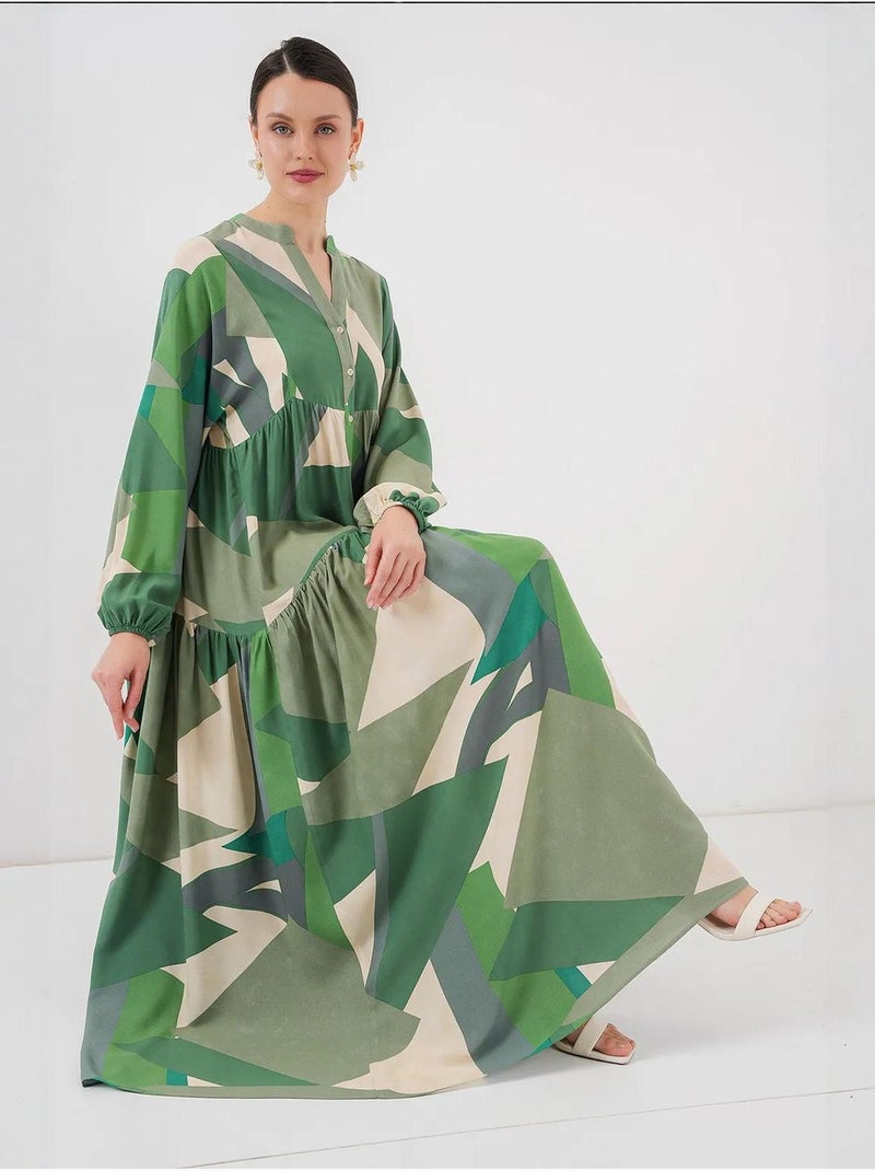 Abito maxi stampato con scollo a v e chiusura con bottoni bdart Cachi - Kiabi