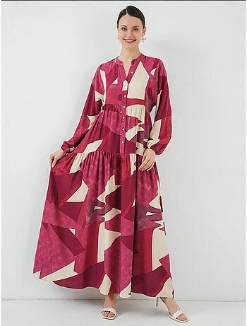 Abito maxi stampato con scollo a v e chiusura con bottoni bdart