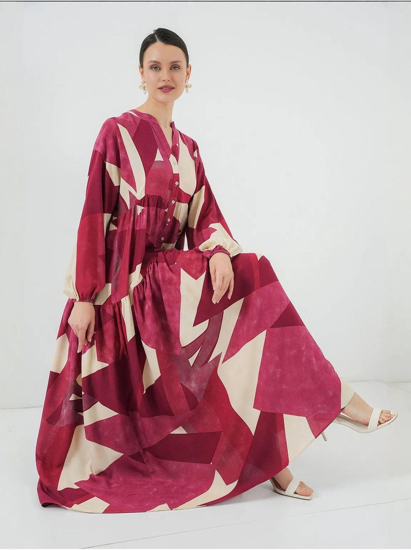 Abito maxi stampato con scollo a v e chiusura con bottoni bdart Rosso granata - Kiabi