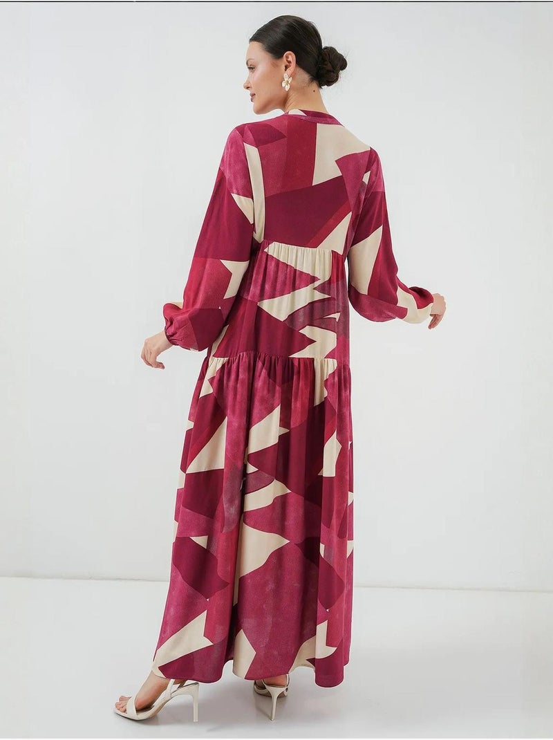 Abito maxi stampato con scollo a v e chiusura con bottoni bdart Rosso granata - Kiabi