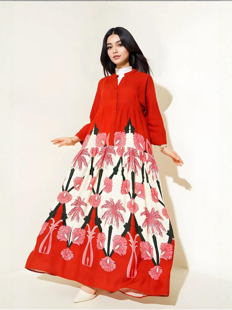Abito maxi stampato con scollo a v e chiusura con bottoni bdart Rosso - Kiabi