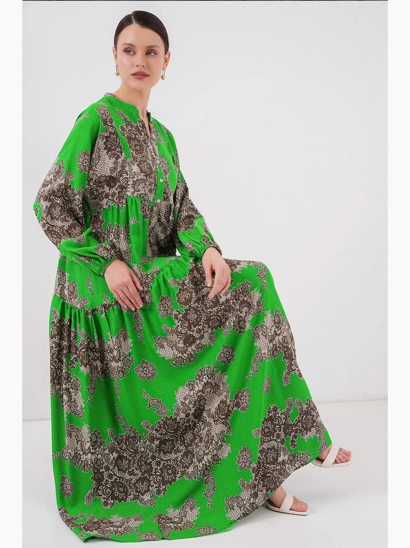 Abito maxi stampato con scollo a v e chiusura con bottoni bdart Verde anice - Kiabi