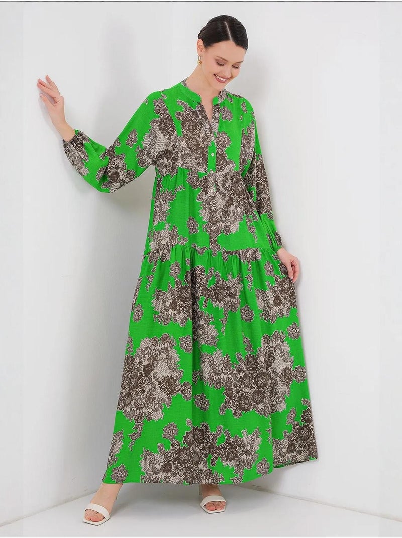 Abito maxi stampato con scollo a v e chiusura con bottoni bdart Verde anice - Kiabi