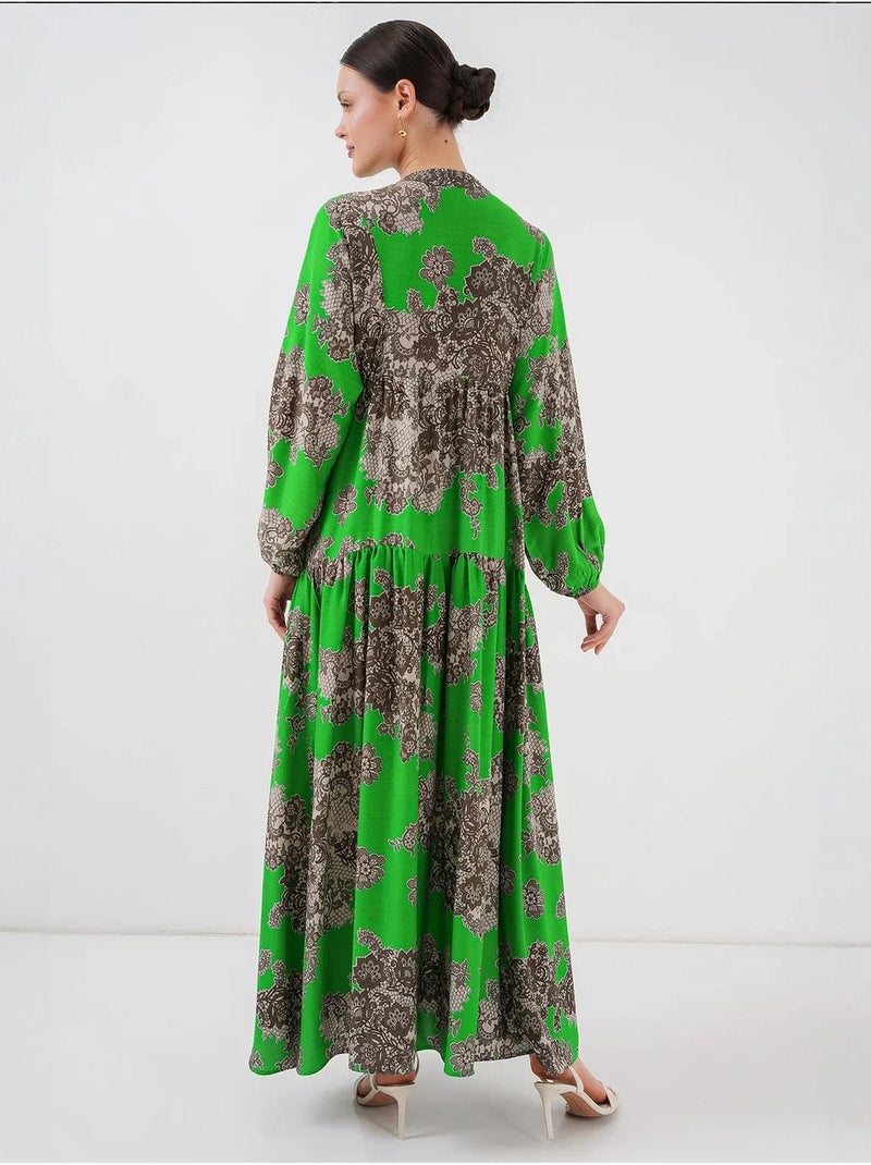 Abito maxi stampato con scollo a v e chiusura con bottoni bdart Verde anice - Kiabi