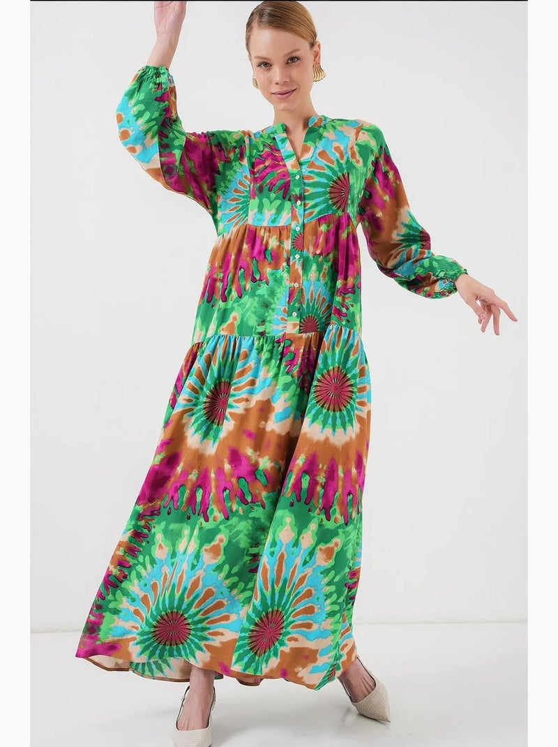Abito maxi stampato con scollo a v e chiusura con bottoni bdart Verde - Kiabi