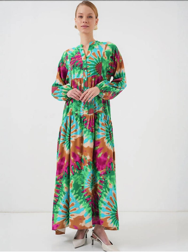 Abito maxi stampato con scollo a v e chiusura con bottoni bdart Verde - Kiabi