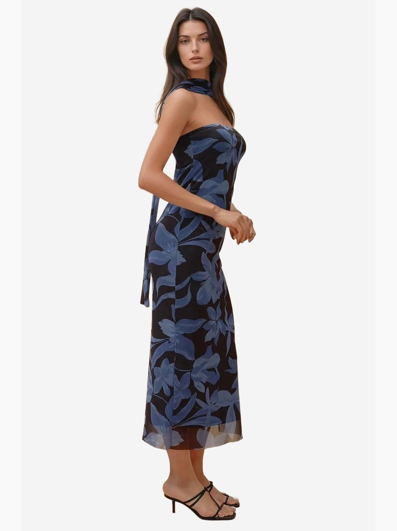 Abito midi a fiori senza spalline hiccup Blu cobalto - Kiabi