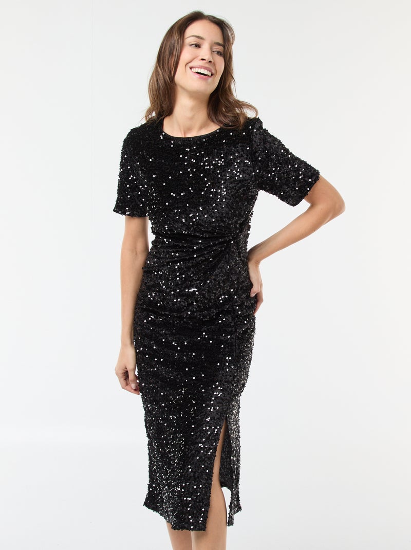 Abito midi a girocollo in paillettes tinta unita Nero - Kiabi