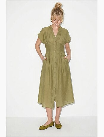Abito midi a linea a con scollo a v e bottoni lucci