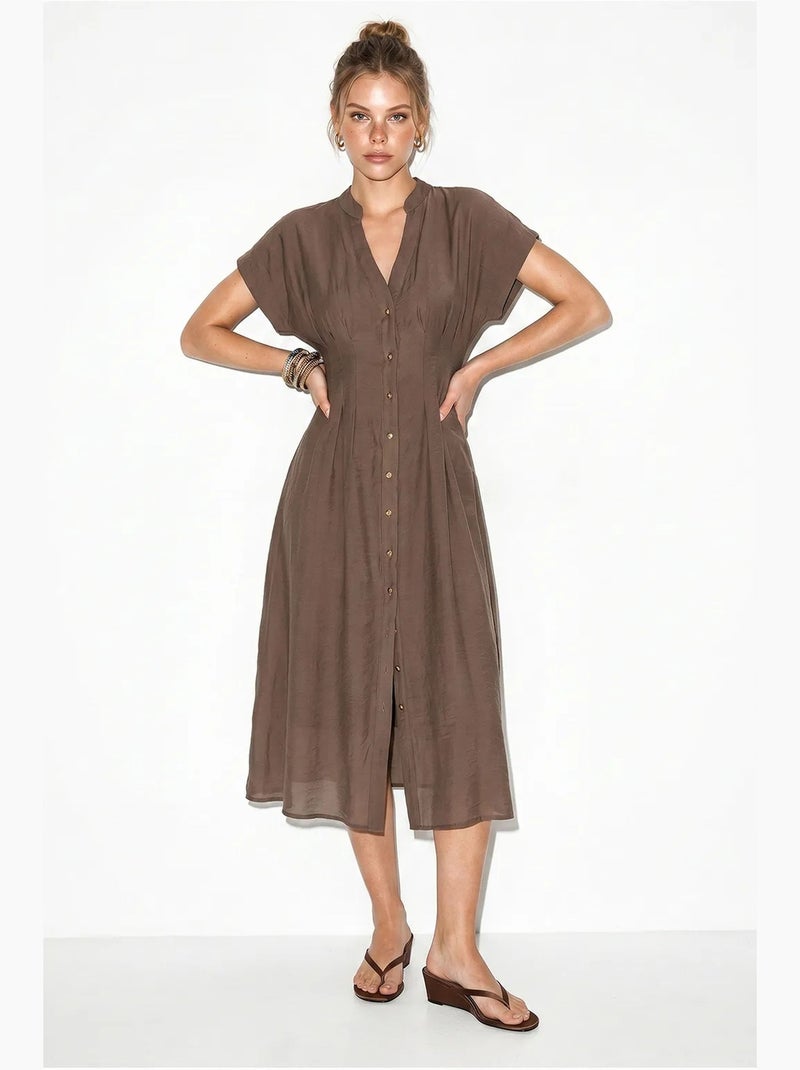 Abito midi a linea a con scollo a v e bottoni lucci Marrone - Kiabi