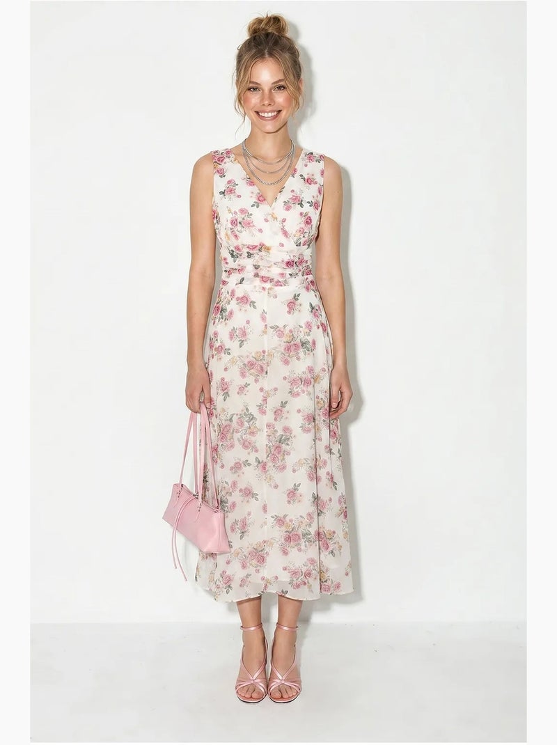 Abito midi a linea a floreale lucci Bianco Rosa - Kiabi