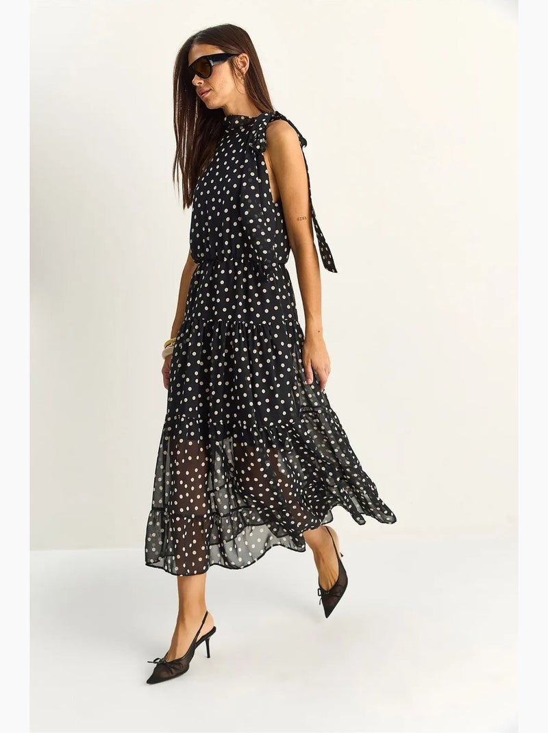 Abito midi a pois con collo all’americana lucci Nero - Kiabi